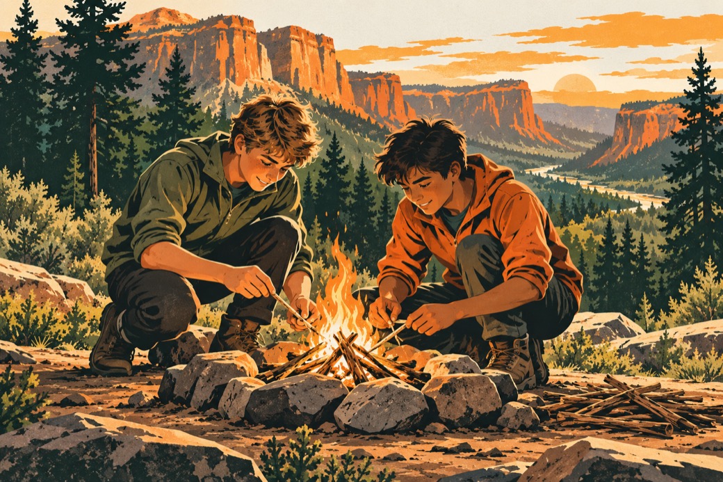 Participants practice starting a small campfire.