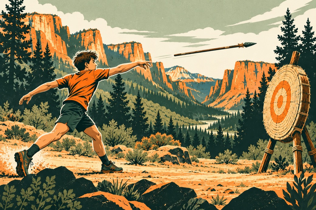 A participant throws a spear toward a target.