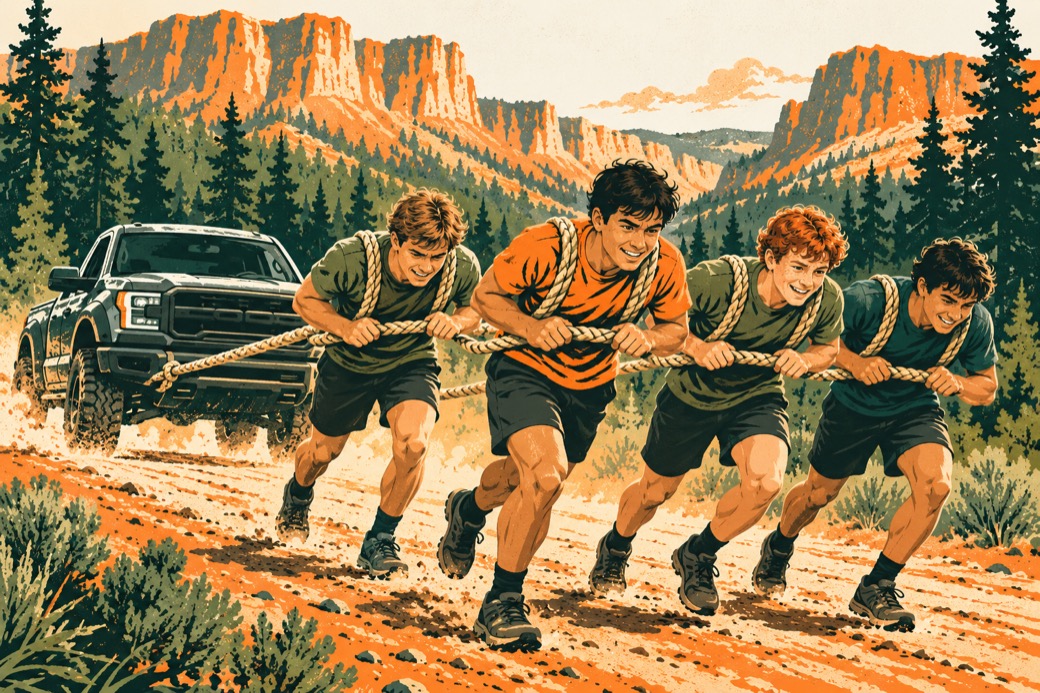 A team pulls a pickup truck using a rope.