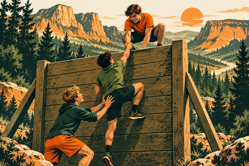Teammates help each other climb an obstacle-course wall.