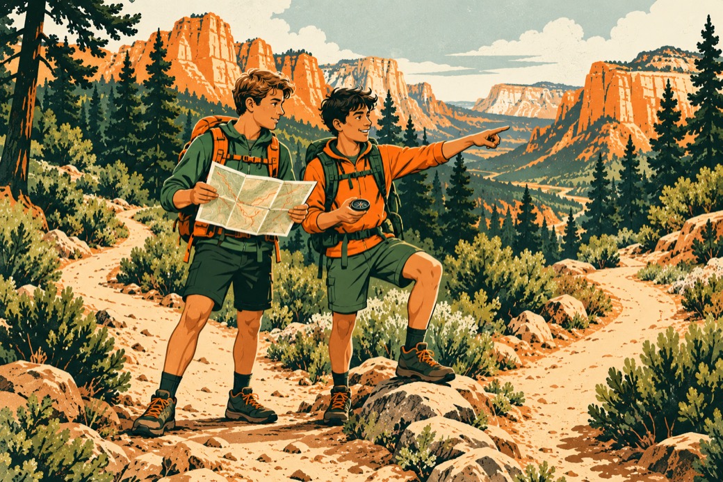 Two participants use a map and compass at a mountain trail fork.
